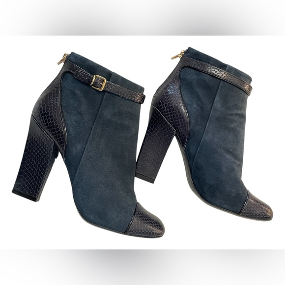 Tory‎ Burch Gracie Suede Navy Ankle Boots Embossed Alligator Leather Heeled 8.5 - Picture 4 of 15